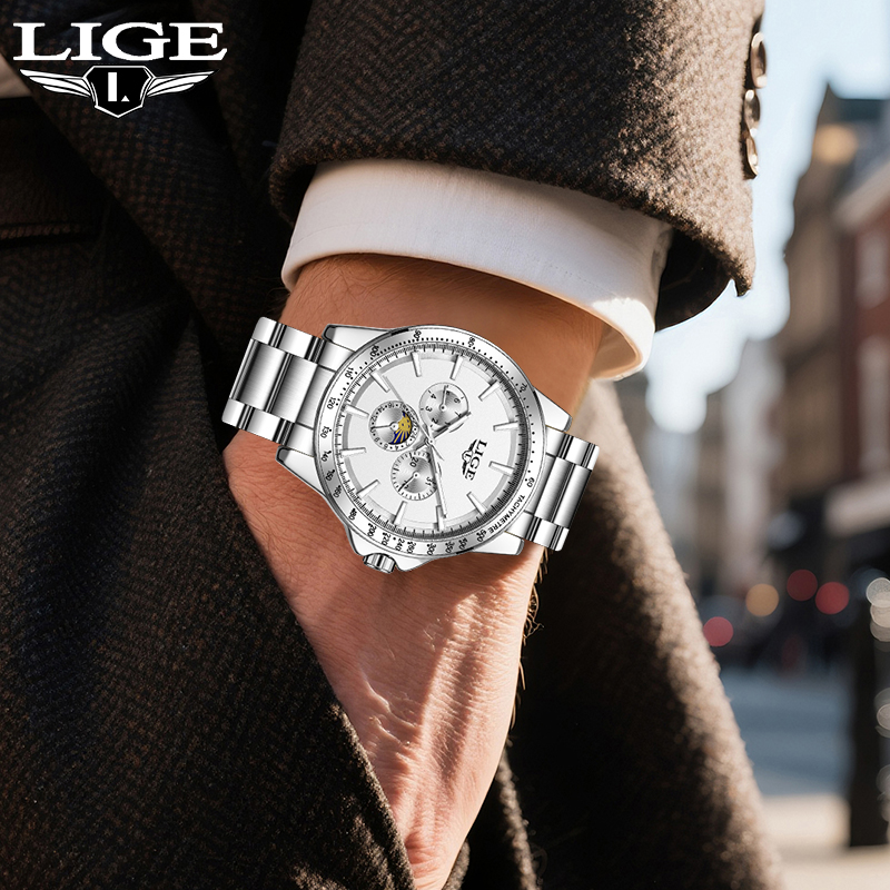 Luxury Watch Moon Phase - LIGE Jam Tangan Pria Kuarsa Bermerek