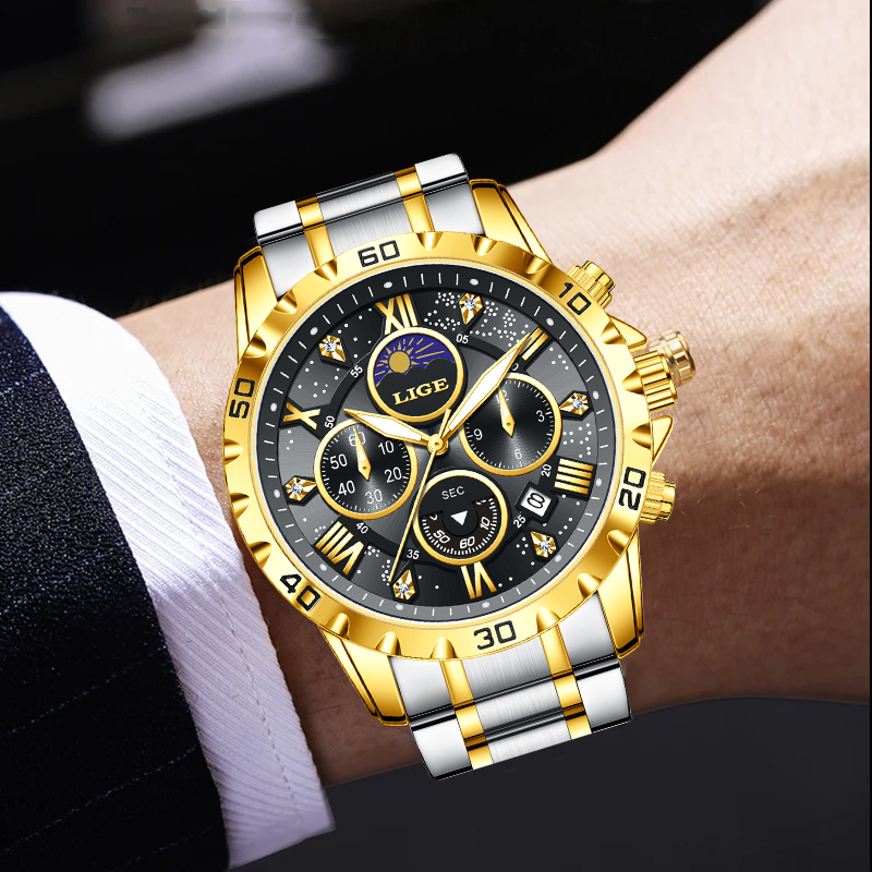 LIGE Jam Tangan Pria Kuarsa Be - Luxury Watch Moon Phase ulasan dan harga